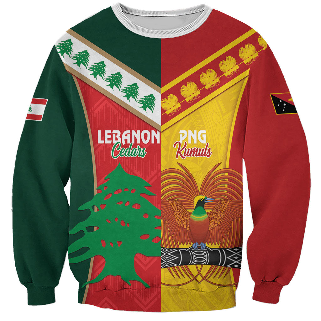 Custom Rugby Papua New Guinea and Lebanon Sweatshirt PNG Kumuls Cedars Together