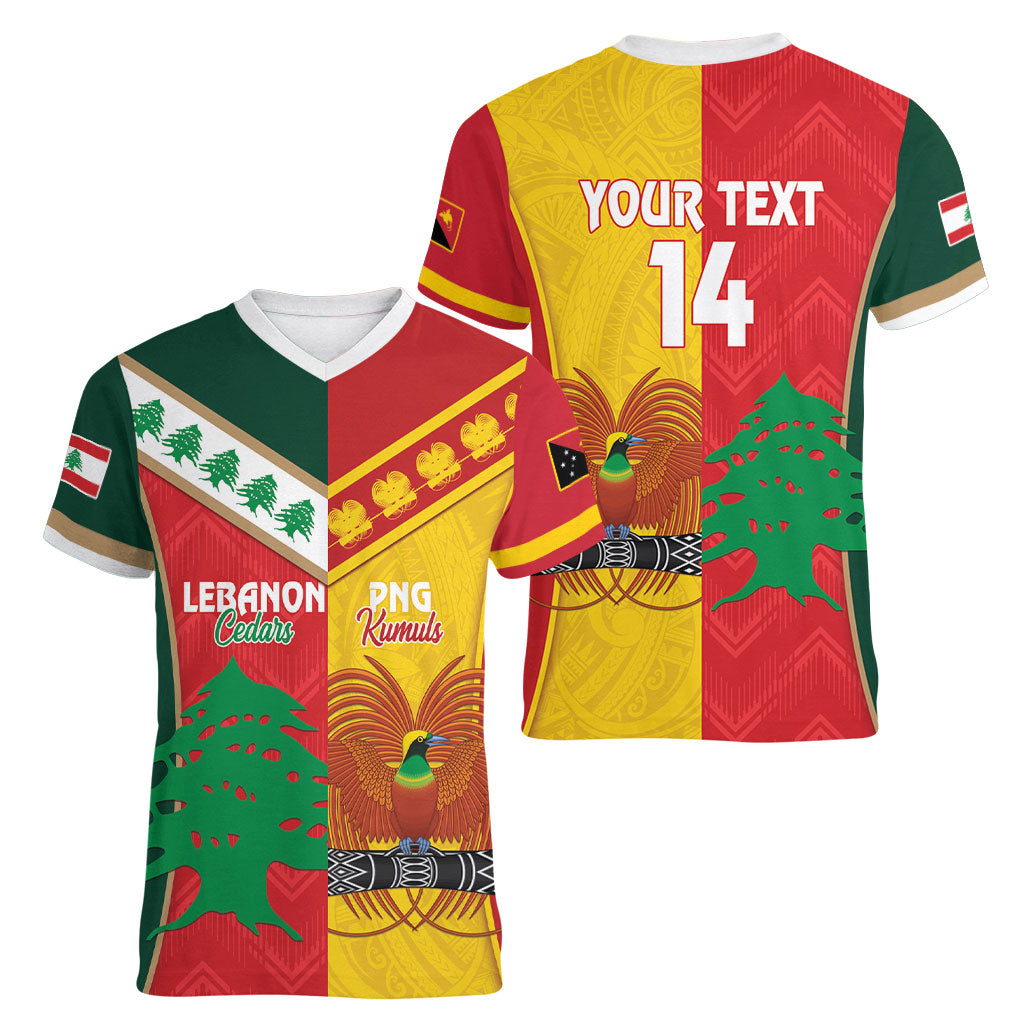 Custom Rugby Papua New Guinea and Lebanon Women V-Neck T-Shirt PNG Kumuls Cedars Together