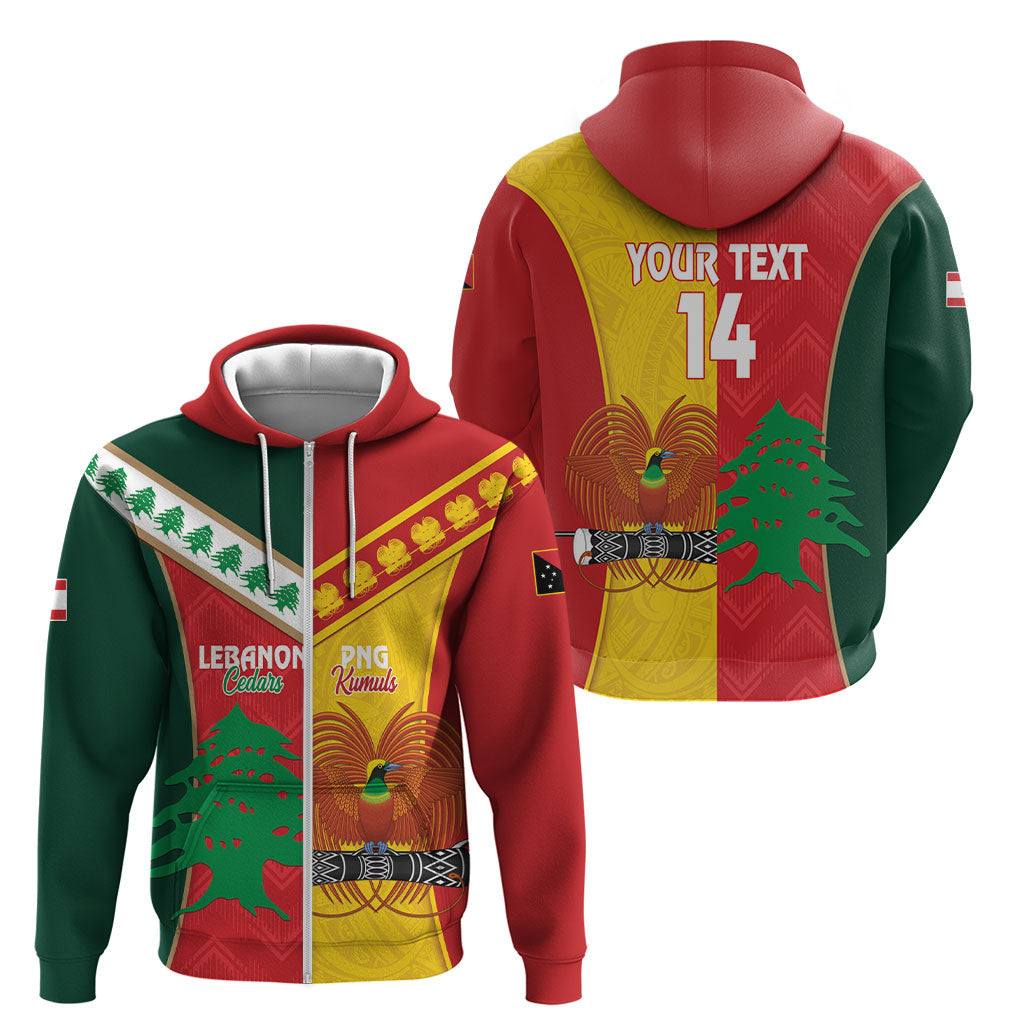 Custom Rugby Papua New Guinea and Lebanon Zip Hoodie PNG Kumuls Cedars Together