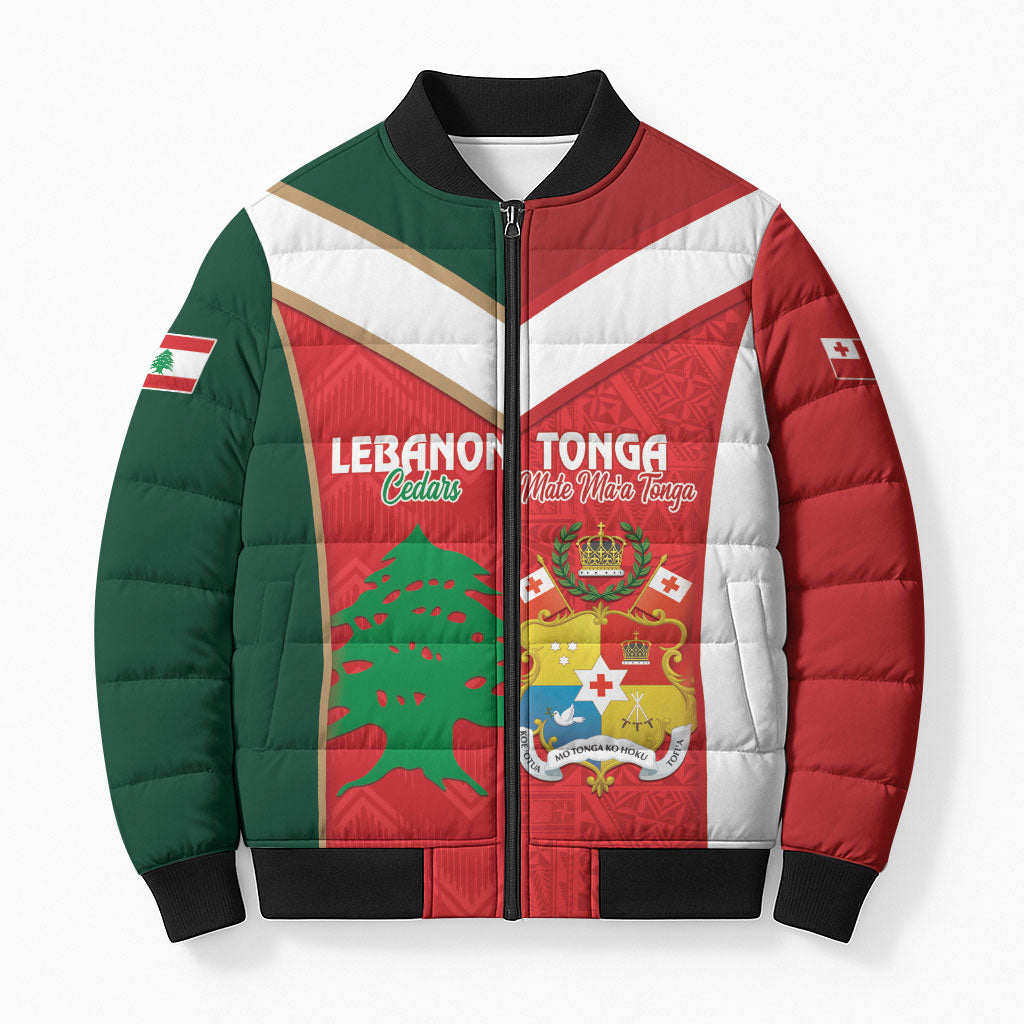 Custom Rugby Tonga and Lebanon Bomber Puffer Jacket Mate Maa Tonga Cedars Together