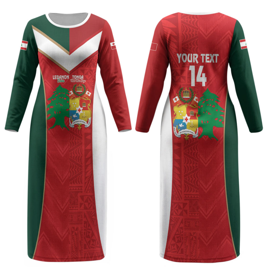 Custom Rugby Tonga and Lebanon Couples Matching Long Sleeve Bodycon Dress and Hawaiian Shirt Mate Maa Tonga Cedars Together