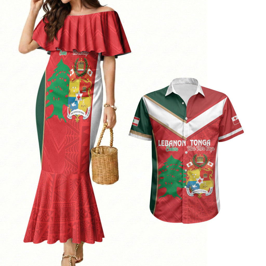 Custom Rugby Tonga and Lebanon Couples Matching Mermaid Dress and Hawaiian Shirt Mate Maa Tonga Cedars Together