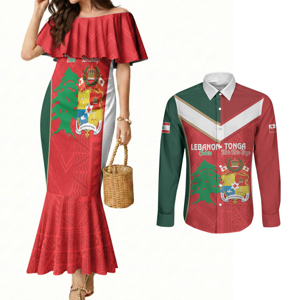 Custom Rugby Tonga and Lebanon Couples Matching Mermaid Dress and Long Sleeve Button Shirt Mate Maa Tonga Cedars Together