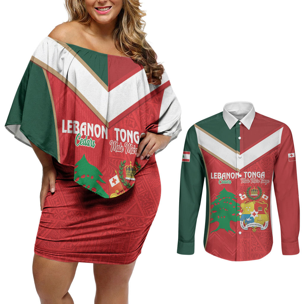 Custom Rugby Tonga and Lebanon Couples Matching Off Shoulder Short Dress and Long Sleeve Button Shirt Mate Maa Tonga Cedars Together