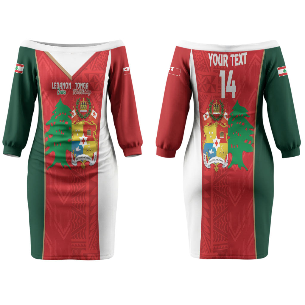 Custom Rugby Tonga and Lebanon Couples Matching Off The Shoulder Long Sleeve Dress and Long Sleeve Button Shirt Mate Maa Tonga Cedars Together