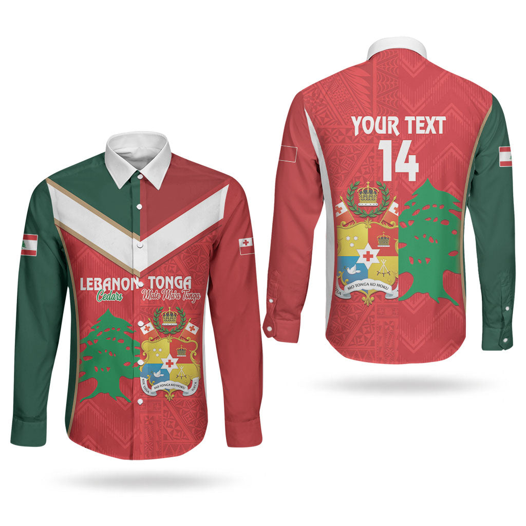 Custom Rugby Tonga and Lebanon Couples Matching Puletasi and Long Sleeve Button Shirt Mate Maa Tonga Cedars Together