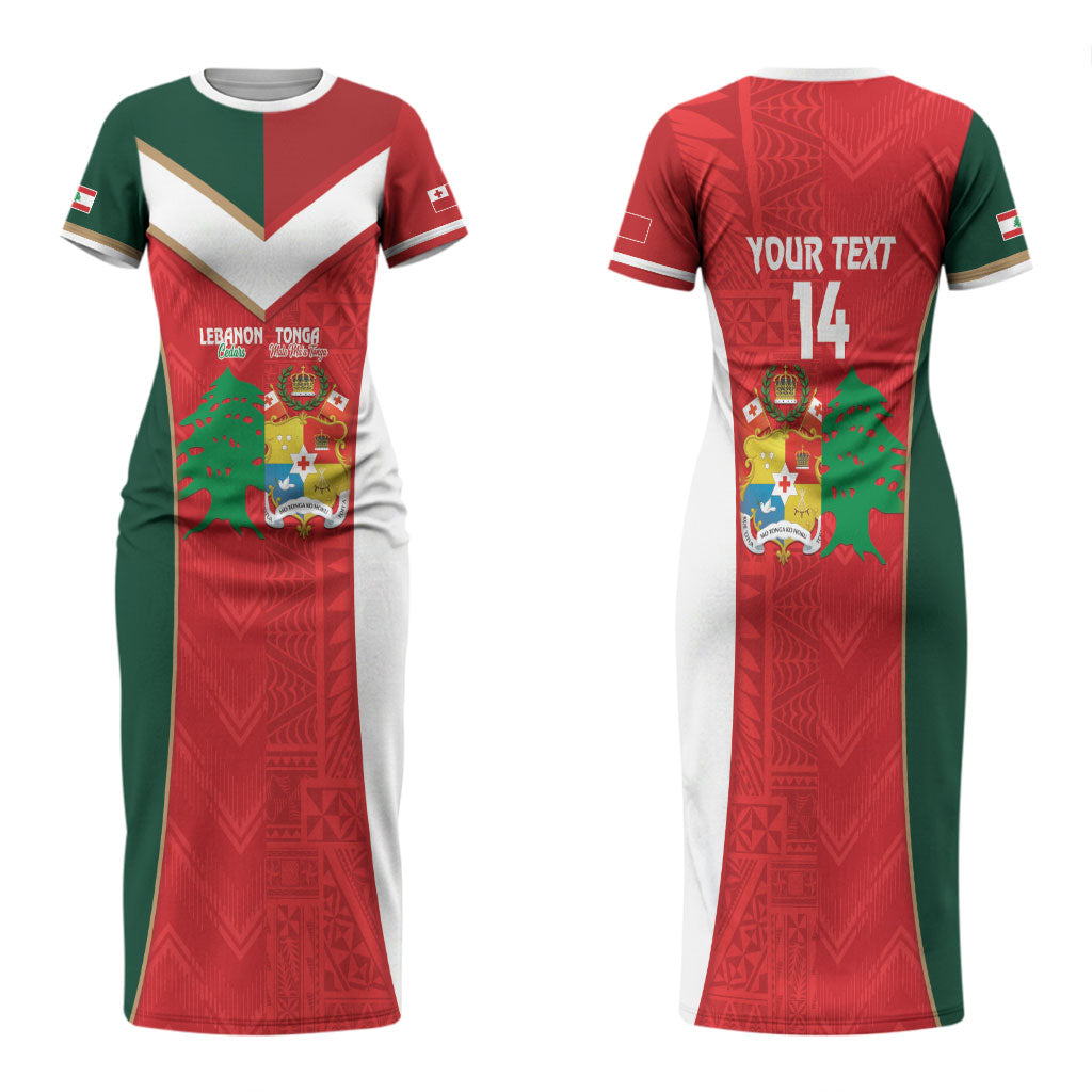 Custom Rugby Tonga and Lebanon Couples Matching Short Sleeve Bodycon Dress and Hawaiian Shirt Mate Maa Tonga Cedars Together