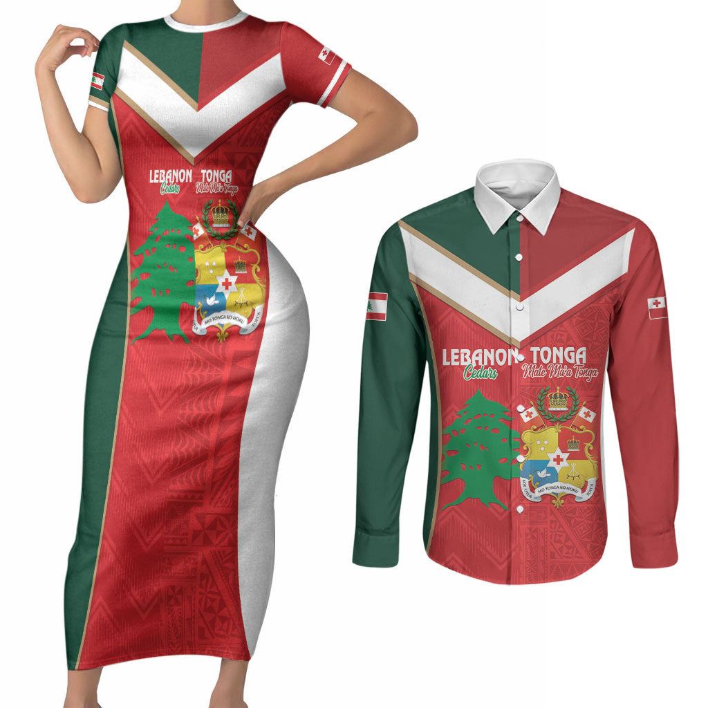 Custom Rugby Tonga and Lebanon Couples Matching Short Sleeve Bodycon Dress and Long Sleeve Button Shirt Mate Maa Tonga Cedars Together
