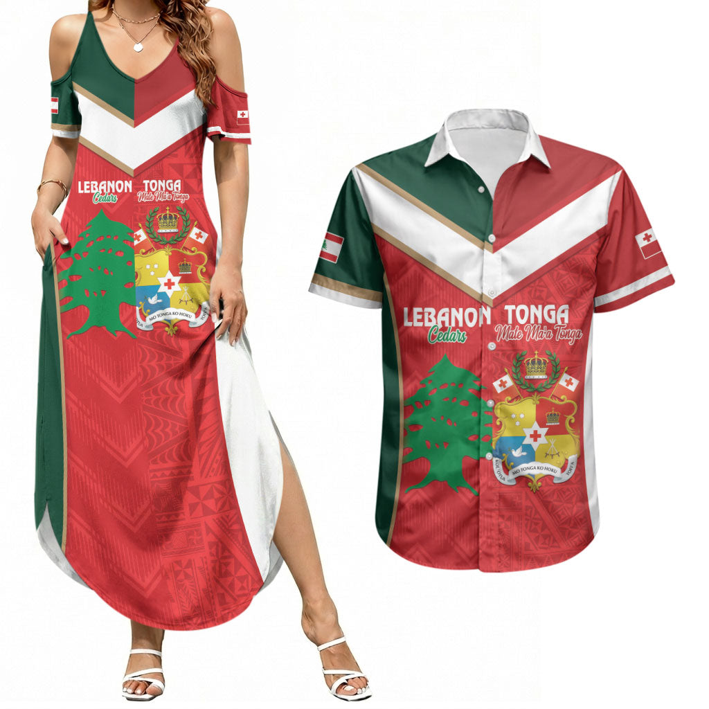 Custom Rugby Tonga and Lebanon Couples Matching Summer Maxi Dress and Hawaiian Shirt Mate Maa Tonga Cedars Together LT14 Multicolor - Polynesian Pride