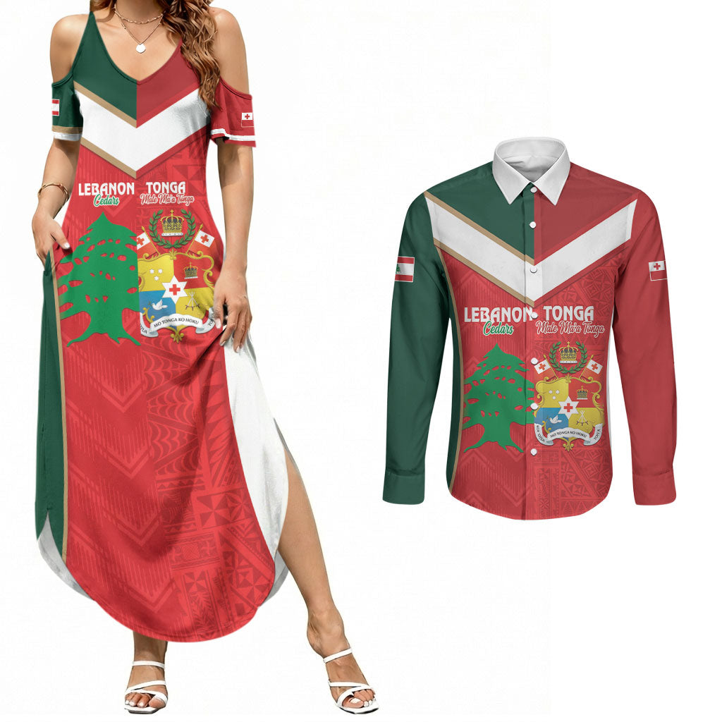 Custom Rugby Tonga and Lebanon Couples Matching Summer Maxi Dress and Long Sleeve Button Shirt Mate Maa Tonga Cedars Together