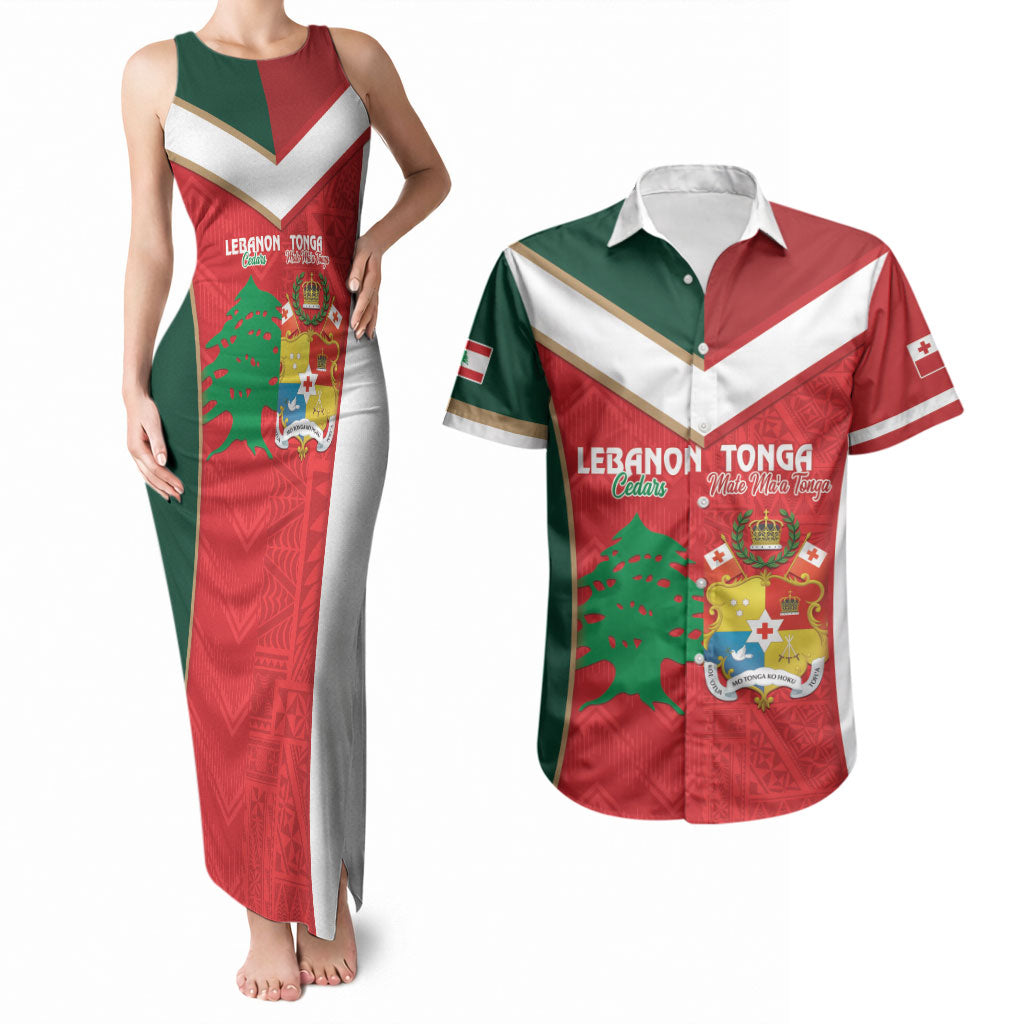 Custom Rugby Tonga and Lebanon Couples Matching Tank Maxi Dress and Hawaiian Shirt Mate Maa Tonga Cedars Together LT14 Multicolor - Polynesian Pride