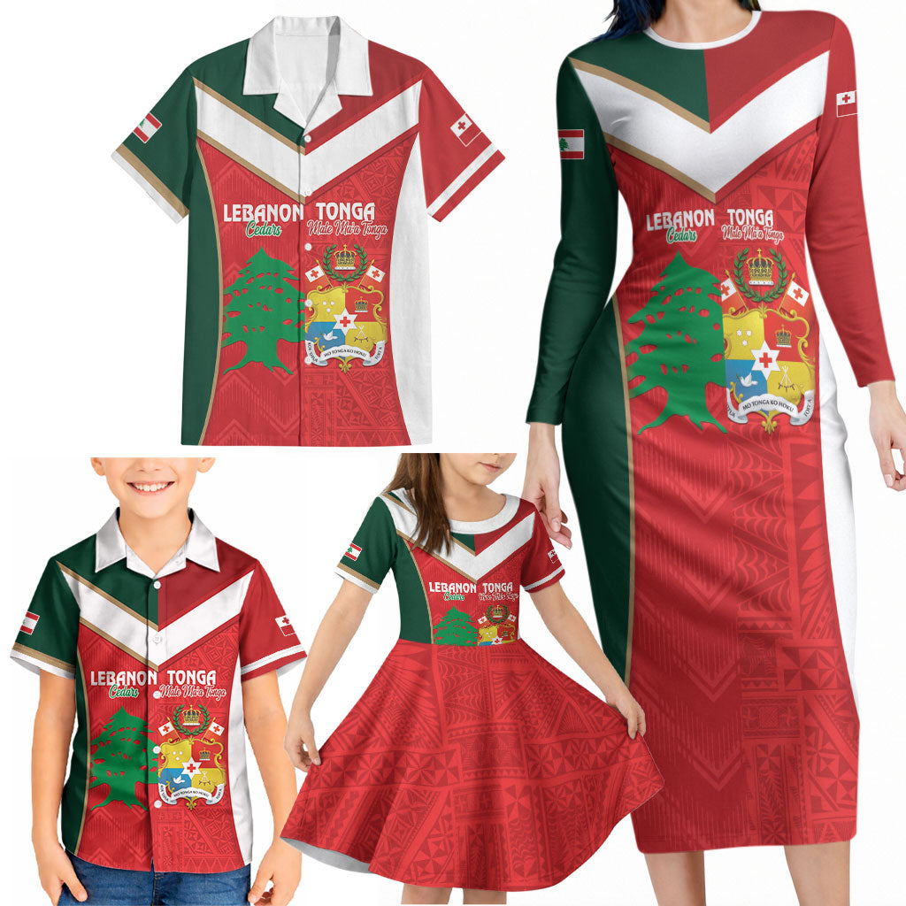 Custom Rugby Tonga and Lebanon Family Matching Long Sleeve Bodycon Dress and Hawaiian Shirt Mate Maa Tonga Cedars Together