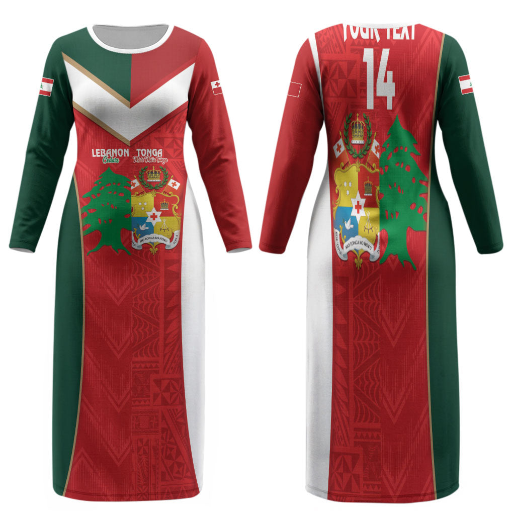 Custom Rugby Tonga and Lebanon Family Matching Long Sleeve Bodycon Dress and Hawaiian Shirt Mate Maa Tonga Cedars Together