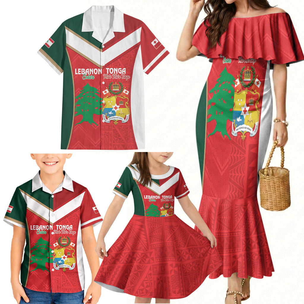 Custom Rugby Tonga and Lebanon Family Matching Mermaid Dress and Hawaiian Shirt Mate Maa Tonga Cedars Together LT14 - Polynesian Pride