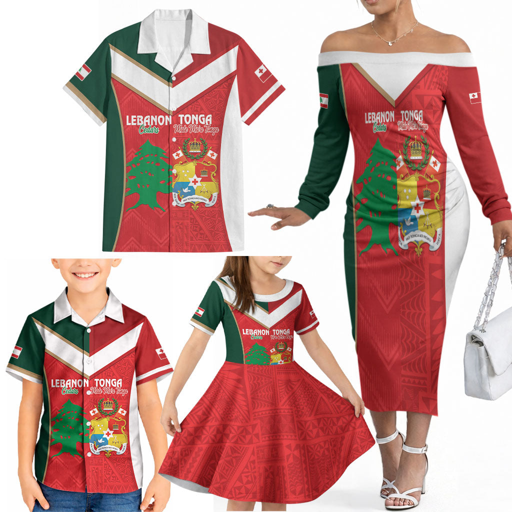 Custom Rugby Tonga and Lebanon Family Matching Off The Shoulder Long Sleeve Dress and Hawaiian Shirt Mate Maa Tonga Cedars Together LT14 - Polynesian Pride