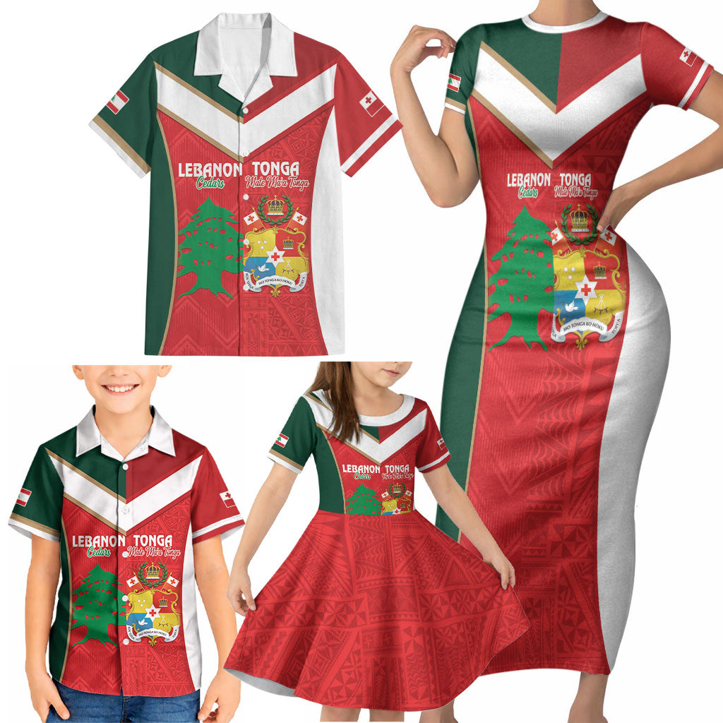 Custom Rugby Tonga and Lebanon Family Matching Short Sleeve Bodycon Dress and Hawaiian Shirt Mate Maa Tonga Cedars Together