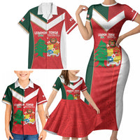 Custom Rugby Tonga and Lebanon Family Matching Short Sleeve Bodycon Dress and Hawaiian Shirt Mate Maa Tonga Cedars Together