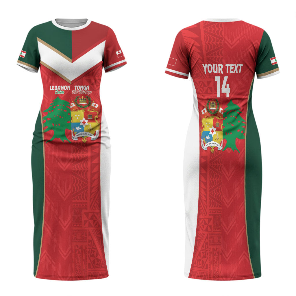 Custom Rugby Tonga and Lebanon Family Matching Short Sleeve Bodycon Dress and Hawaiian Shirt Mate Maa Tonga Cedars Together