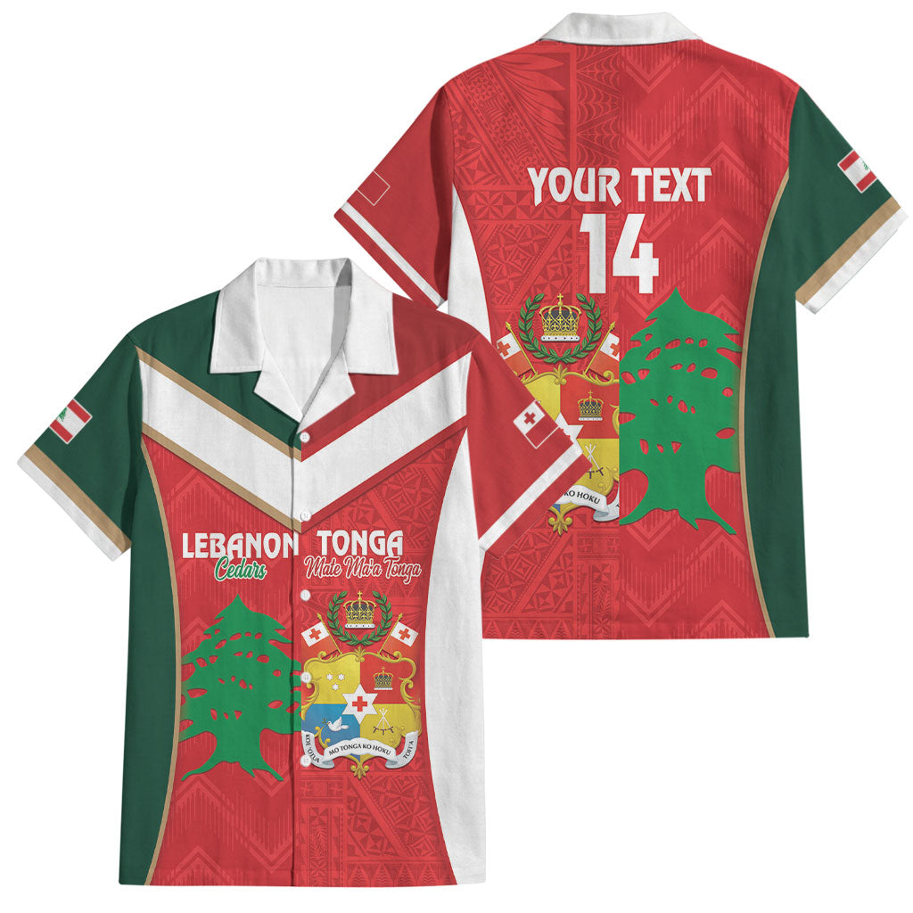 Custom Rugby Tonga and Lebanon Family Matching Short Sleeve Bodycon Dress and Hawaiian Shirt Mate Maa Tonga Cedars Together