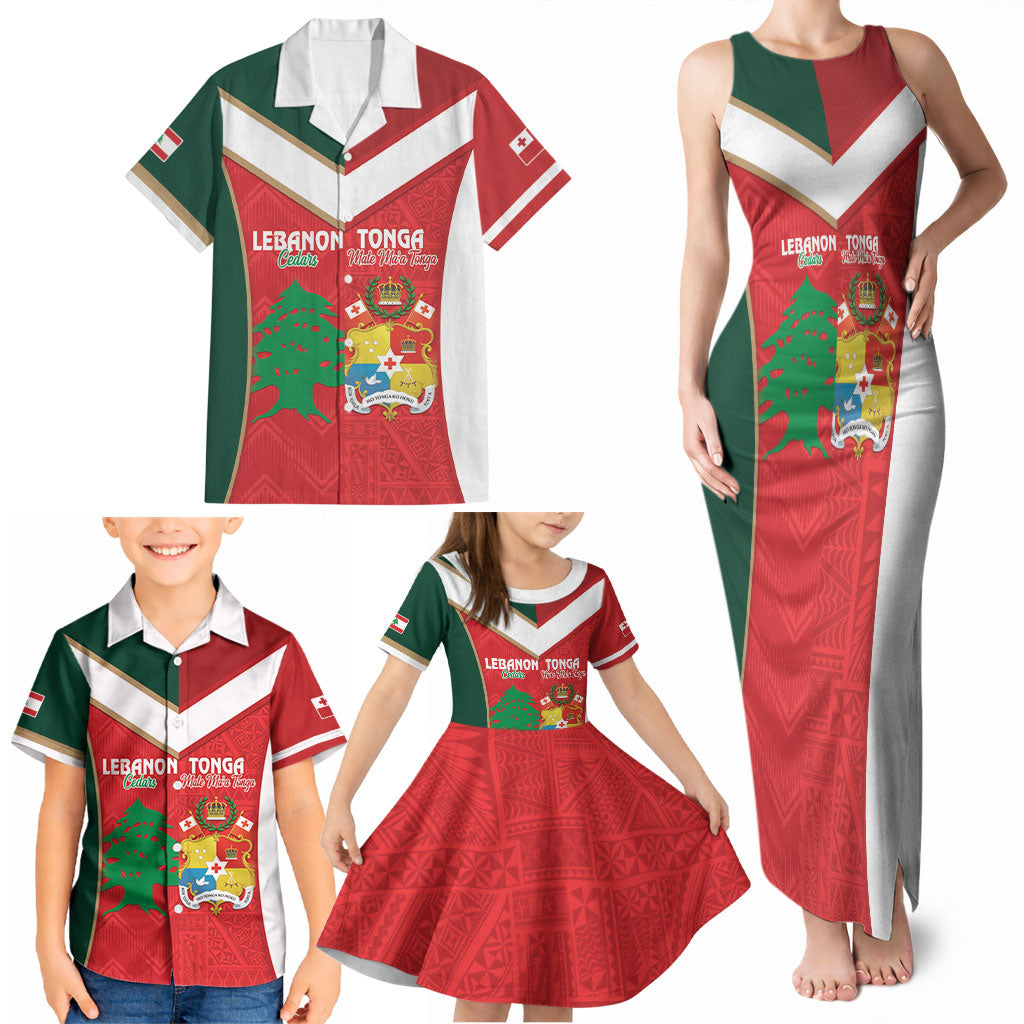 Custom Rugby Tonga and Lebanon Family Matching Tank Maxi Dress and Hawaiian Shirt Mate Maa Tonga Cedars Together LT14 - Polynesian Pride