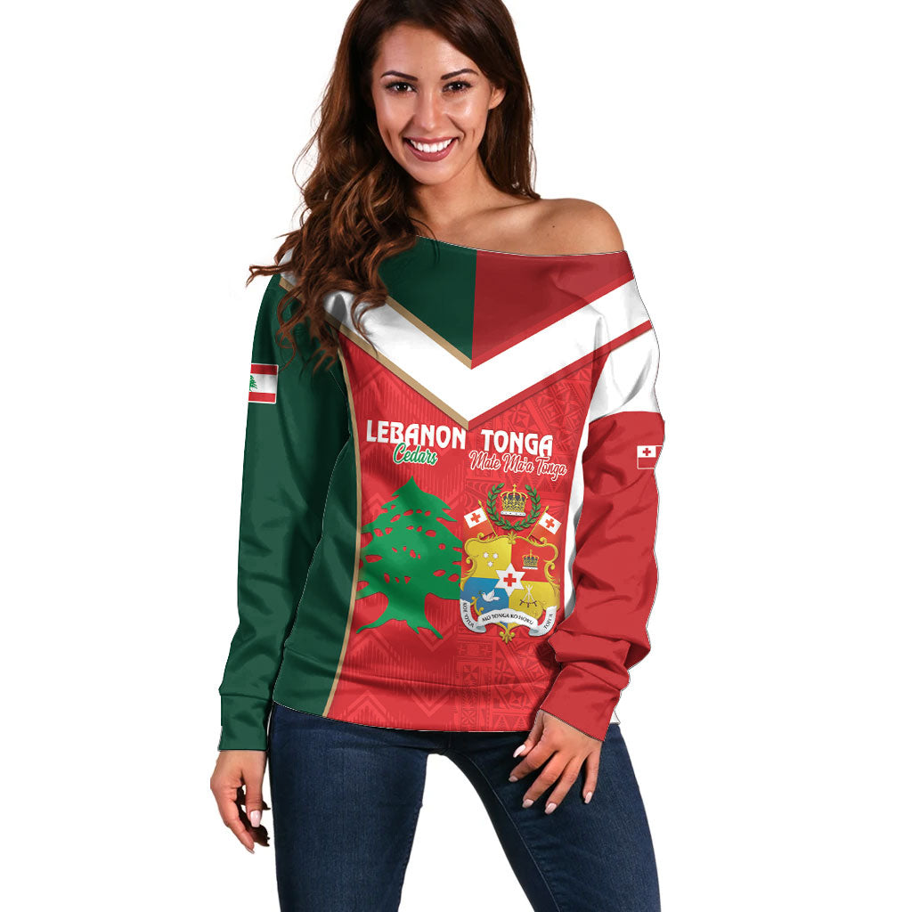 Custom Rugby Tonga and Lebanon Off Shoulder Sweater Mate Maa Tonga Cedars Together