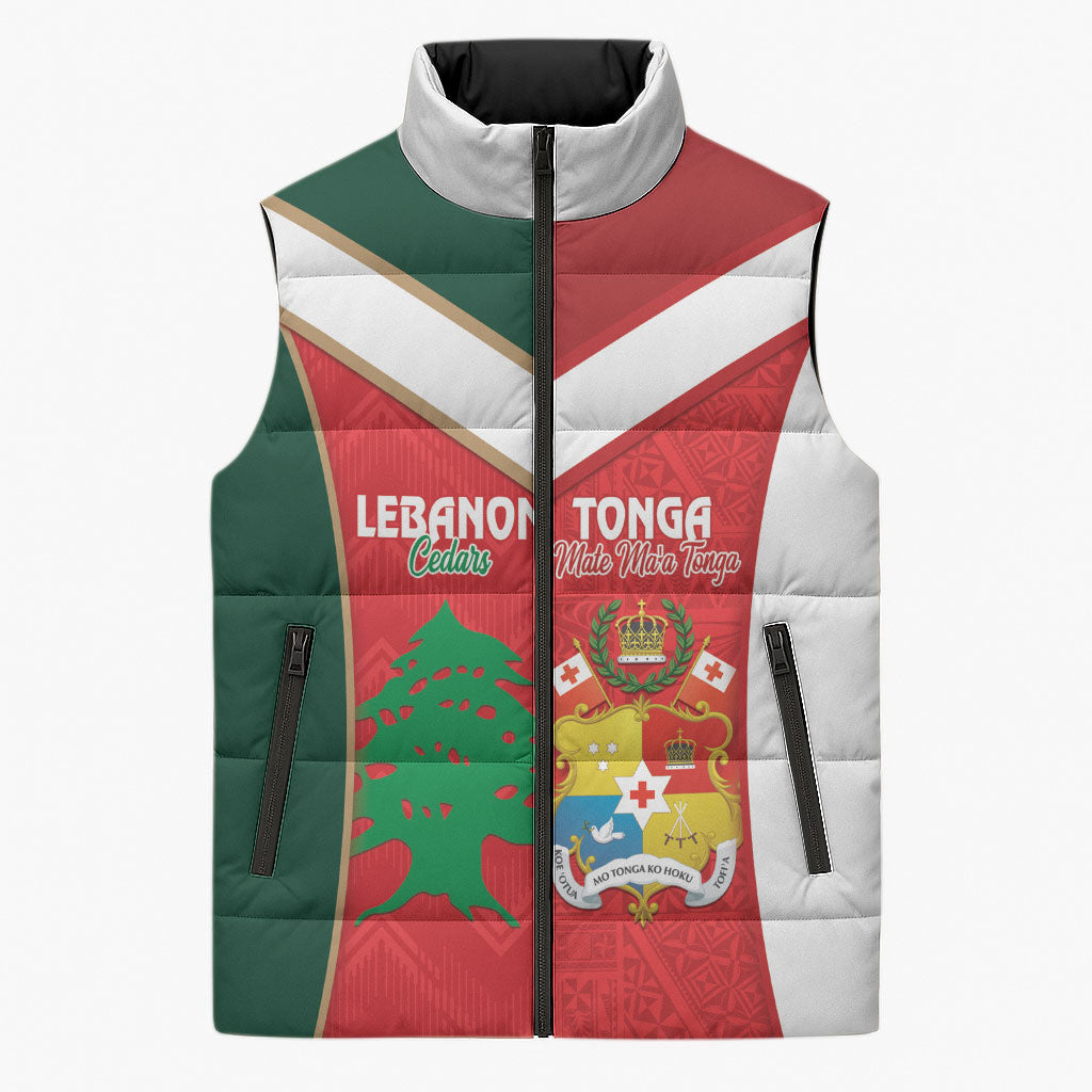 Custom Rugby Tonga and Lebanon Sleeveless Puffer Jacket Mate Maa Tonga Cedars Together LT14 Unisex Multicolor - Polynesian Pride