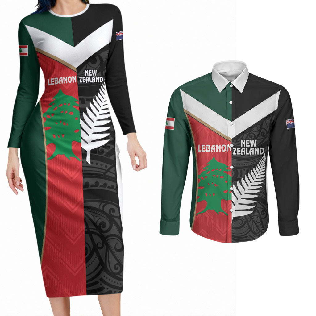 Custom Rugby New Zealand and Lebanon Couples Matching Long Sleeve Bodycon Dress and Long Sleeve Button Shirt All Black Cedars Together LT14 Multicolor - Polynesian Pride