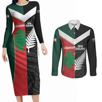Custom Rugby New Zealand and Lebanon Couples Matching Long Sleeve Bodycon Dress and Long Sleeve Button Shirt All Black Cedars Together