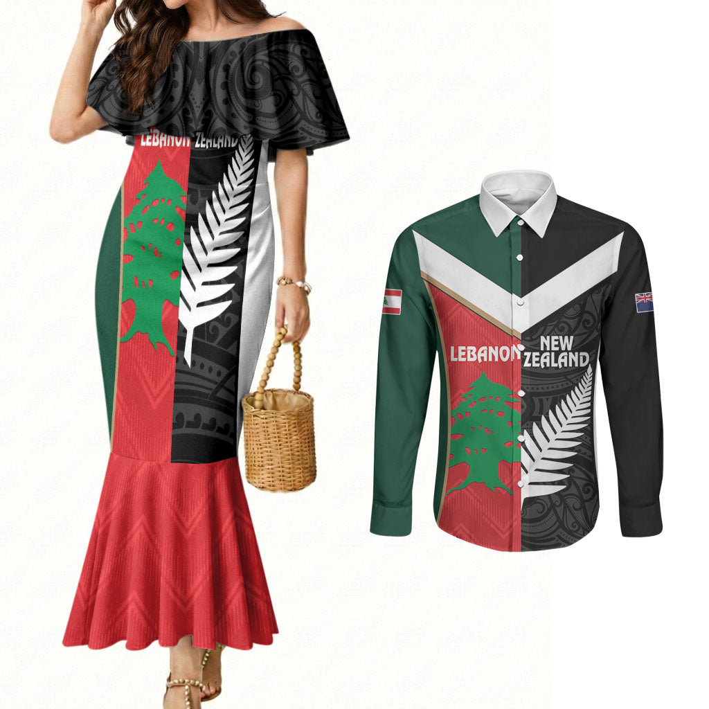 Custom Rugby New Zealand and Lebanon Couples Matching Mermaid Dress and Long Sleeve Button Shirt All Black Cedars Together