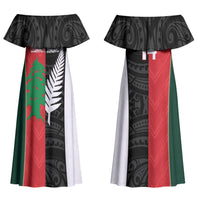 Custom Rugby New Zealand and Lebanon Couples Matching Off Shoulder Maxi Dress and Long Sleeve Button Shirt All Black Cedars Together