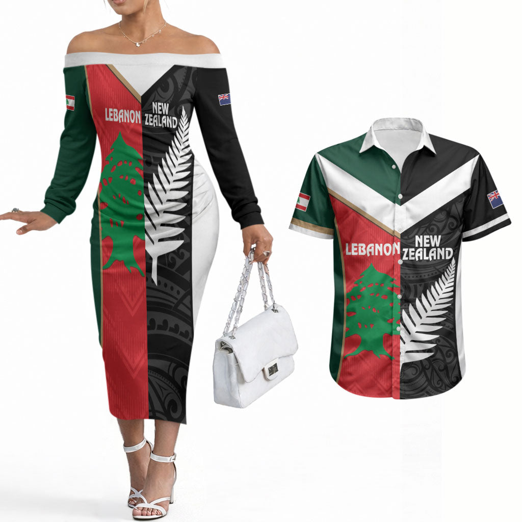 Custom Rugby New Zealand and Lebanon Couples Matching Off The Shoulder Long Sleeve Dress and Hawaiian Shirt All Black Cedars Together LT14 Multicolor - Polynesian Pride