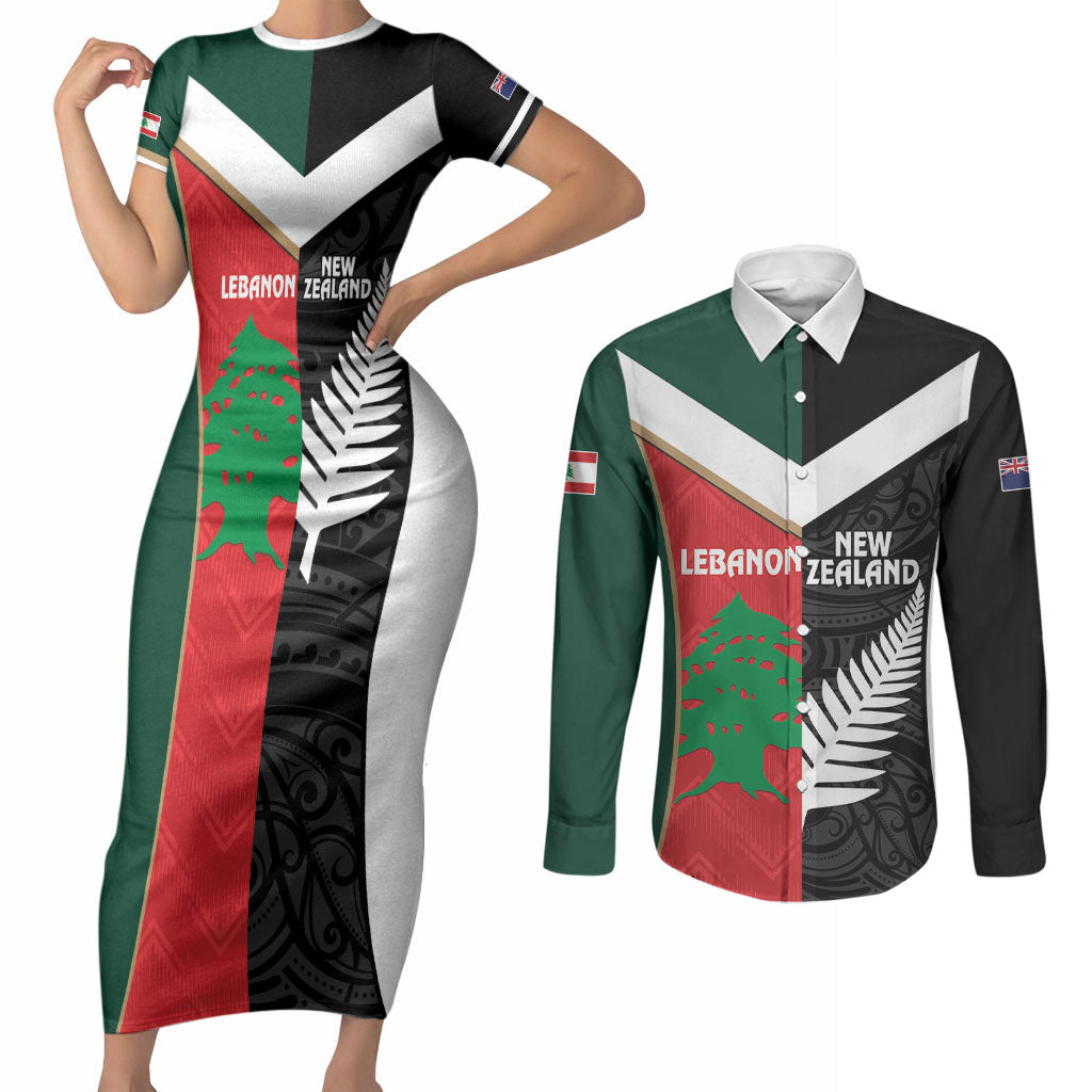 Custom Rugby New Zealand and Lebanon Couples Matching Short Sleeve Bodycon Dress and Long Sleeve Button Shirt All Black Cedars Together LT14 Multicolor - Polynesian Pride