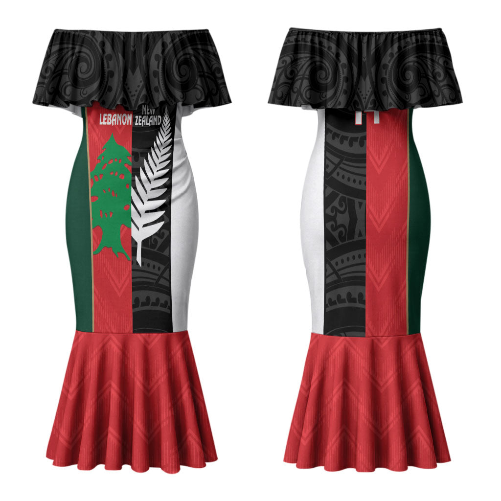 Custom Rugby New Zealand and Lebanon Family Matching Mermaid Dress and Hawaiian Shirt All Black Cedars Together