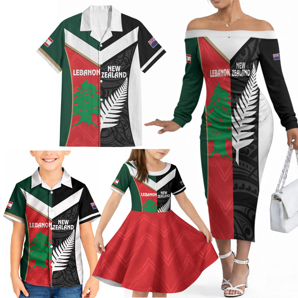 Custom Rugby New Zealand and Lebanon Family Matching Off The Shoulder Long Sleeve Dress and Hawaiian Shirt All Black Cedars Together LT14 - Polynesian Pride