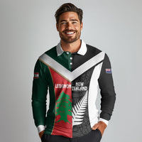 Custom Rugby New Zealand and Lebanon Long Sleeve Polo Shirt All Black Cedars Together