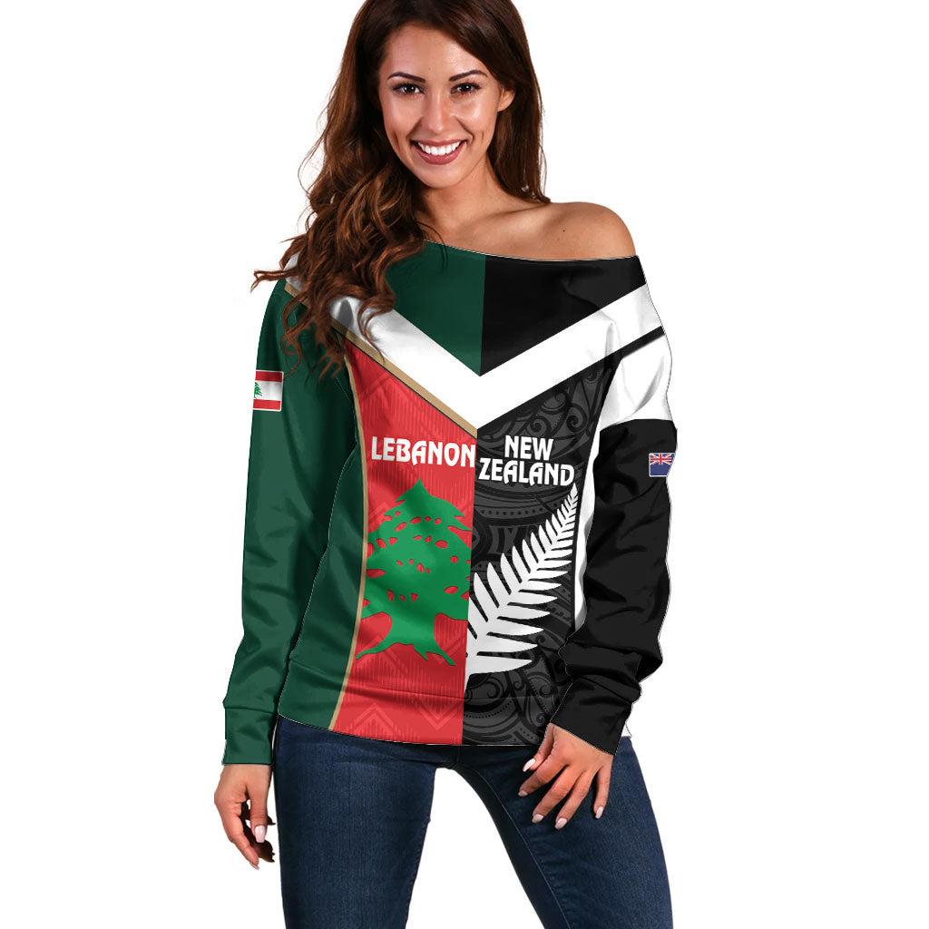Custom Rugby New Zealand and Lebanon Off Shoulder Sweater All Black Cedars Together LT14 Women Multicolor - Polynesian Pride