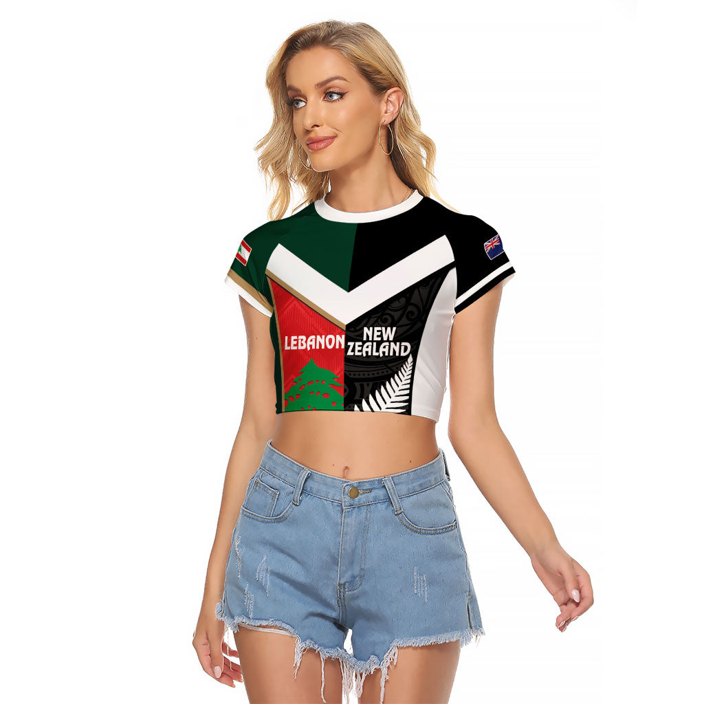 Custom Rugby New Zealand and Lebanon Raglan Cropped T Shirt All Black Cedars Together LT14 Female Multicolor - Polynesian Pride