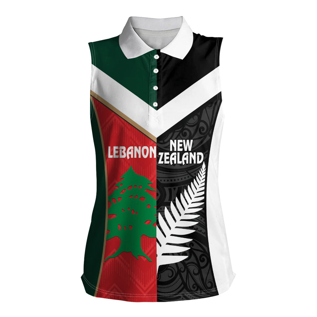 Custom Rugby New Zealand and Lebanon Women Sleeveless Polo Shirt All Black Cedars Together LT14 Female Multicolor - Polynesian Pride