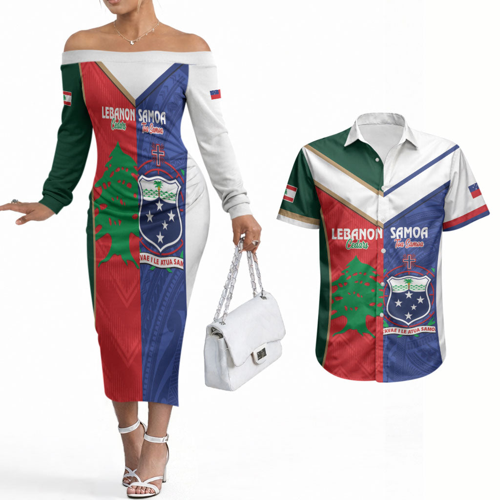 Custom Rugby Samoa and Lebanon Couples Matching Off The Shoulder Long Sleeve Dress and Hawaiian Shirt Toa Samoa Cedars Together LT14 Multicolor - Polynesian Pride