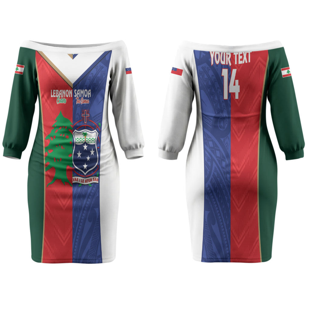 Custom Rugby Samoa and Lebanon Couples Matching Off The Shoulder Long Sleeve Dress and Long Sleeve Button Shirt Toa Samoa Cedars Together