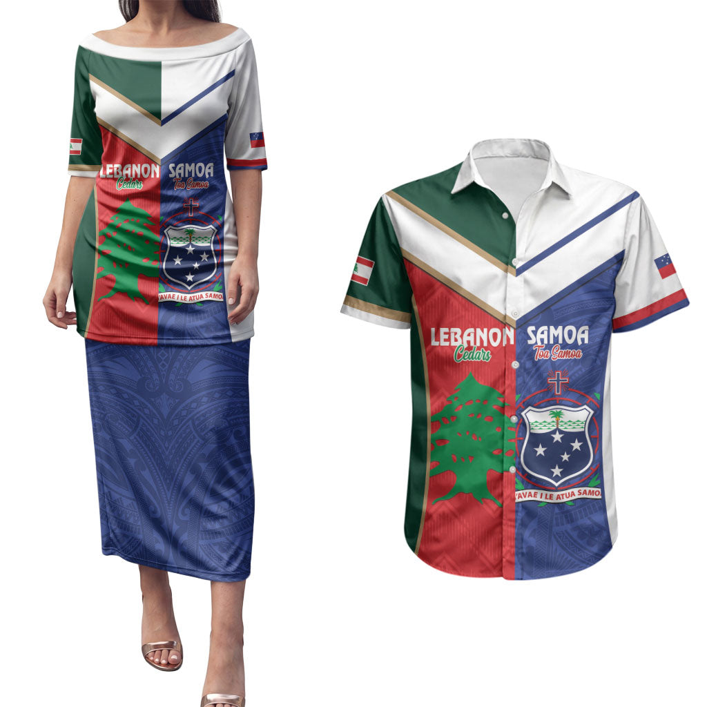 Custom Rugby Samoa and Lebanon Couples Matching Puletasi and Hawaiian Shirt Toa Samoa Cedars Together