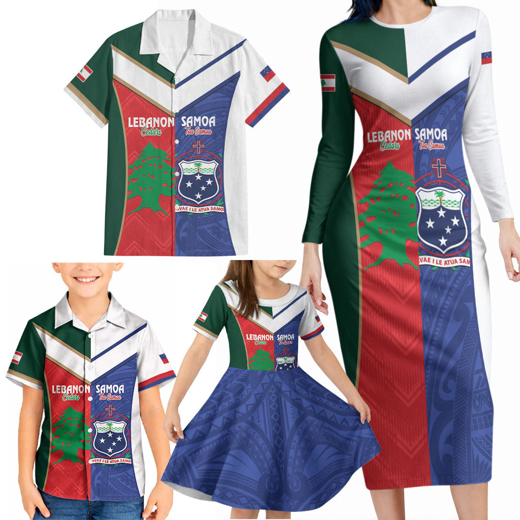 Custom Rugby Samoa and Lebanon Family Matching Long Sleeve Bodycon Dress and Hawaiian Shirt Toa Samoa Cedars Together