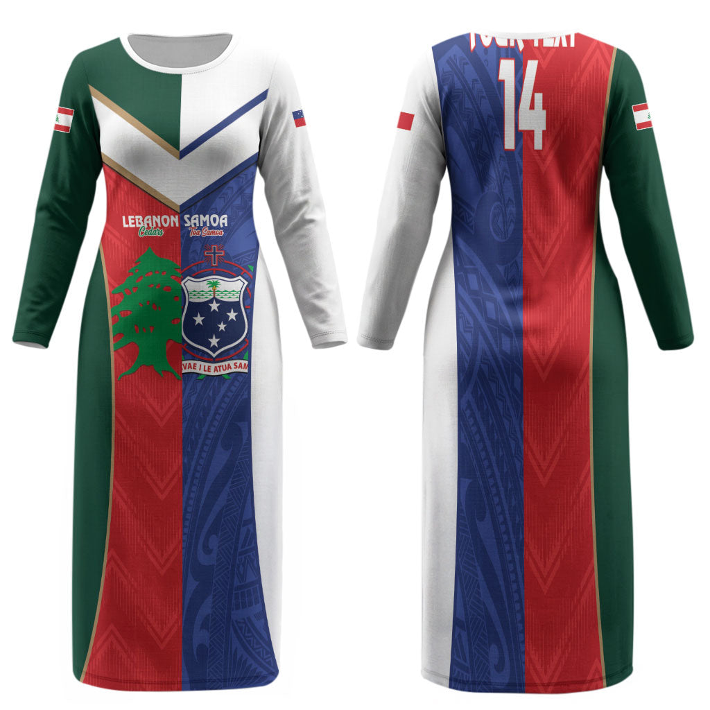 Custom Rugby Samoa and Lebanon Family Matching Long Sleeve Bodycon Dress and Hawaiian Shirt Toa Samoa Cedars Together