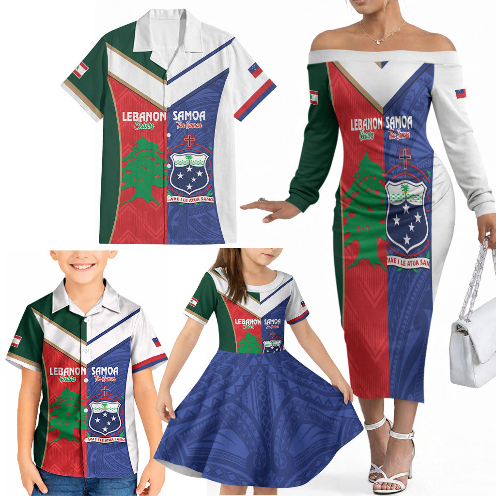 Custom Rugby Samoa and Lebanon Family Matching Off The Shoulder Long Sleeve Dress and Hawaiian Shirt Toa Samoa Cedars Together LT14 - Polynesian Pride