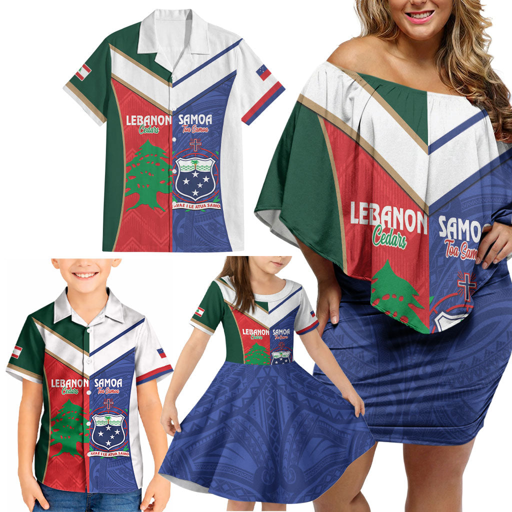 Custom Rugby Samoa and Lebanon Family Matching Off Shoulder Short Dress and Hawaiian Shirt Toa Samoa Cedars Together