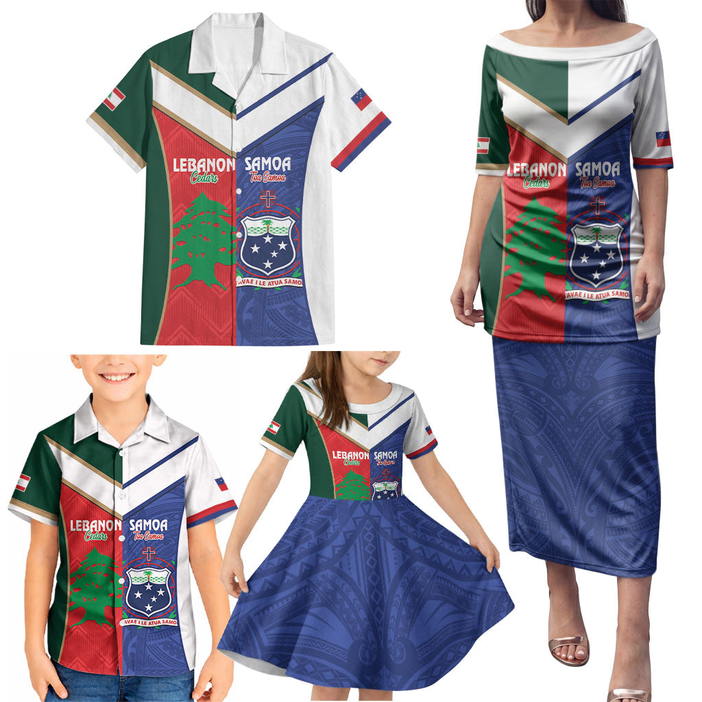 Custom Rugby Samoa and Lebanon Family Matching Puletasi and Hawaiian Shirt Toa Samoa Cedars Together