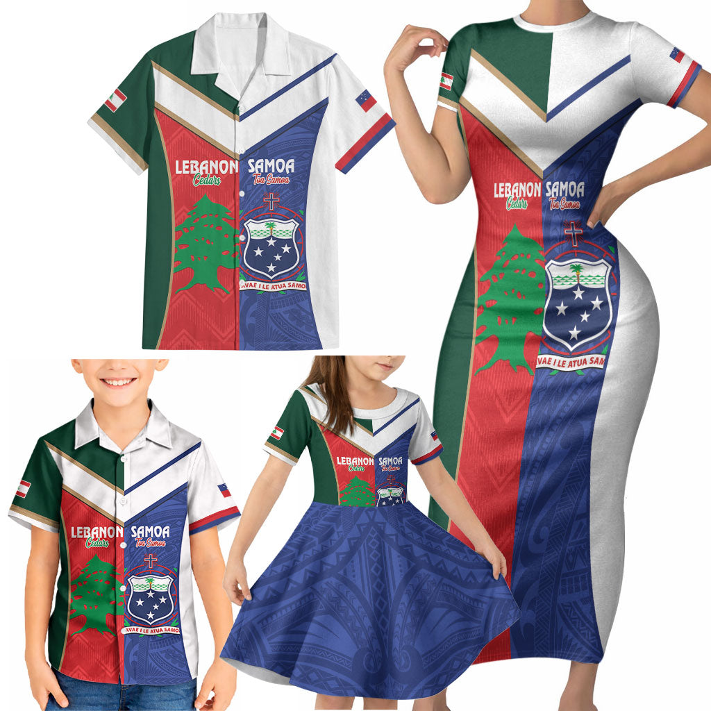 Custom Rugby Samoa and Lebanon Family Matching Short Sleeve Bodycon Dress and Hawaiian Shirt Toa Samoa Cedars Together LT14 - Polynesian Pride