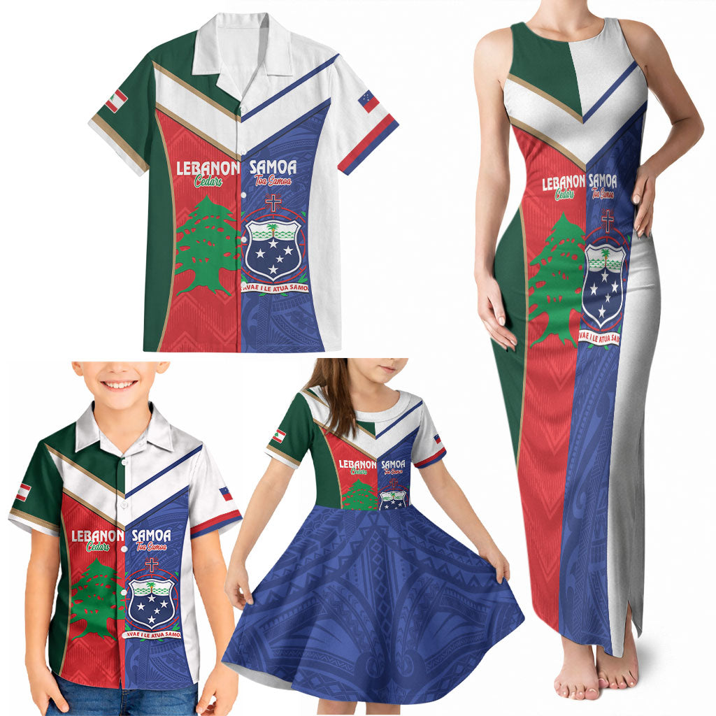 Custom Rugby Samoa and Lebanon Family Matching Tank Maxi Dress and Hawaiian Shirt Toa Samoa Cedars Together