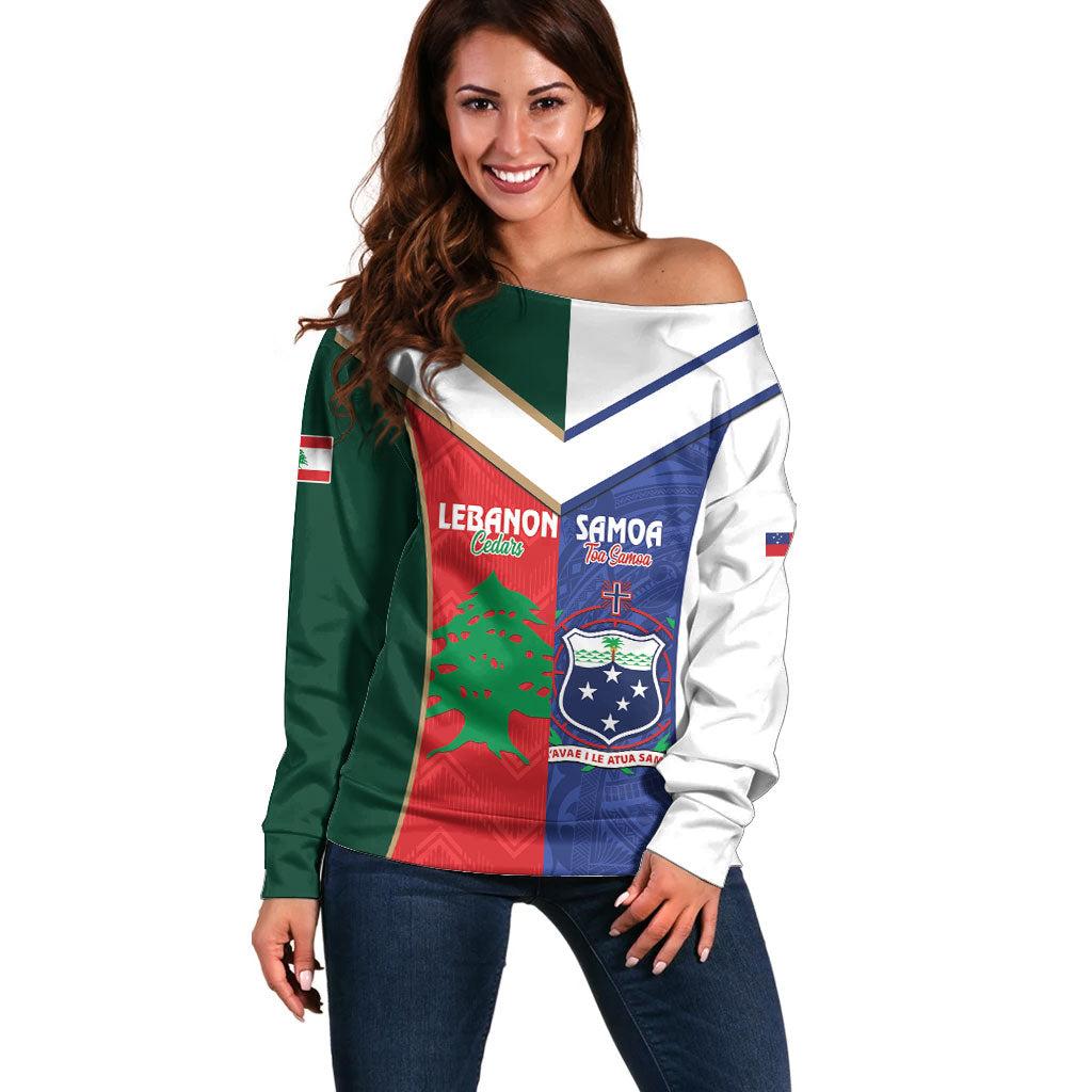 Custom Rugby Samoa and Lebanon Off Shoulder Sweater Toa Samoa Cedars Together LT14 Women Multicolor - Polynesian Pride