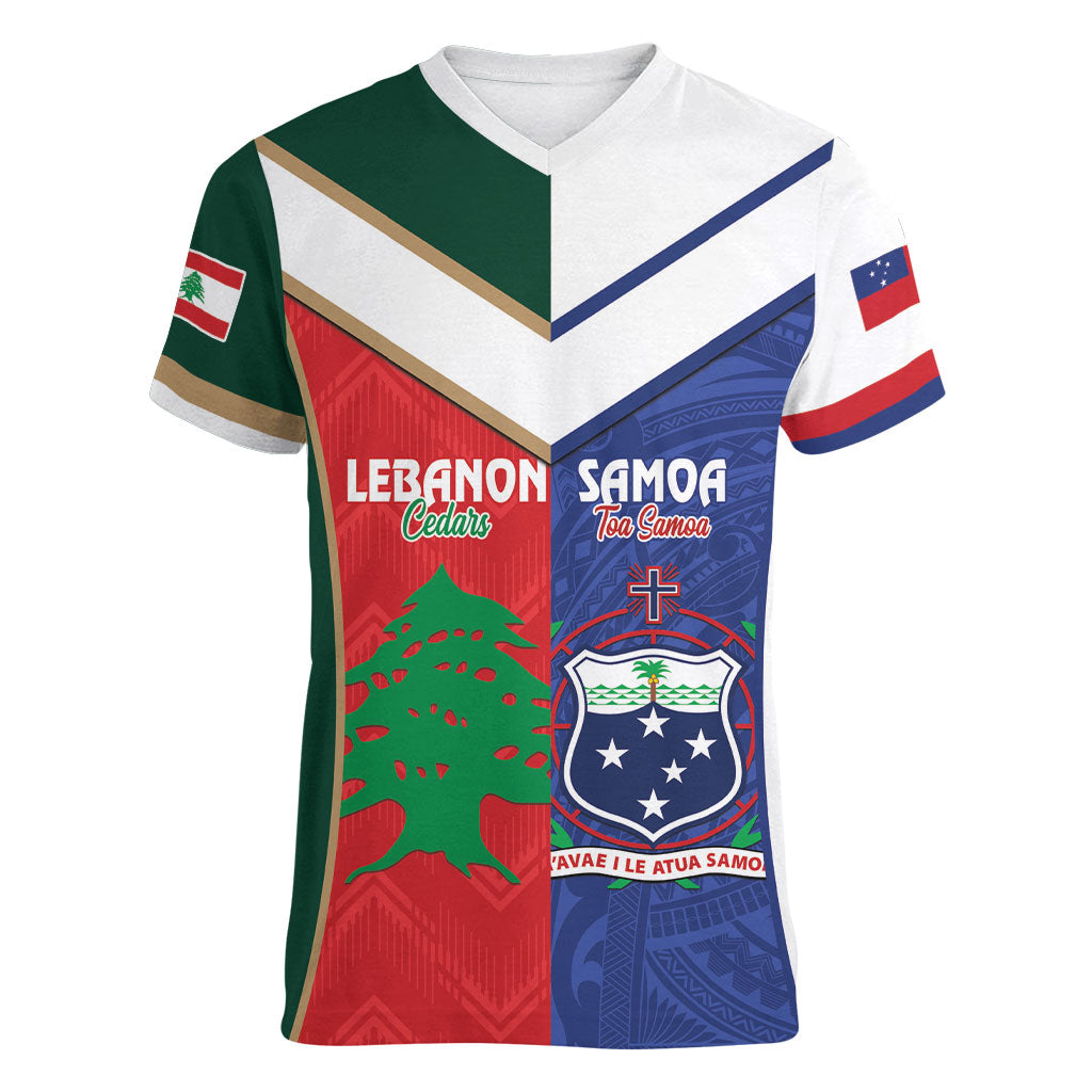 Custom Rugby Samoa and Lebanon Women V-Neck T-Shirt Toa Samoa Cedars Together